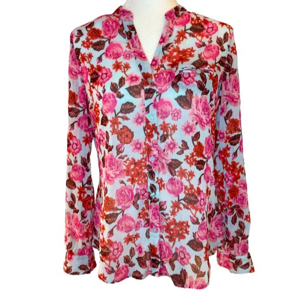 Kut from the Kloth Tops - Kut from the Kloth Sheer Floral Long Sleeve V-Neck Button-Down Shirt
